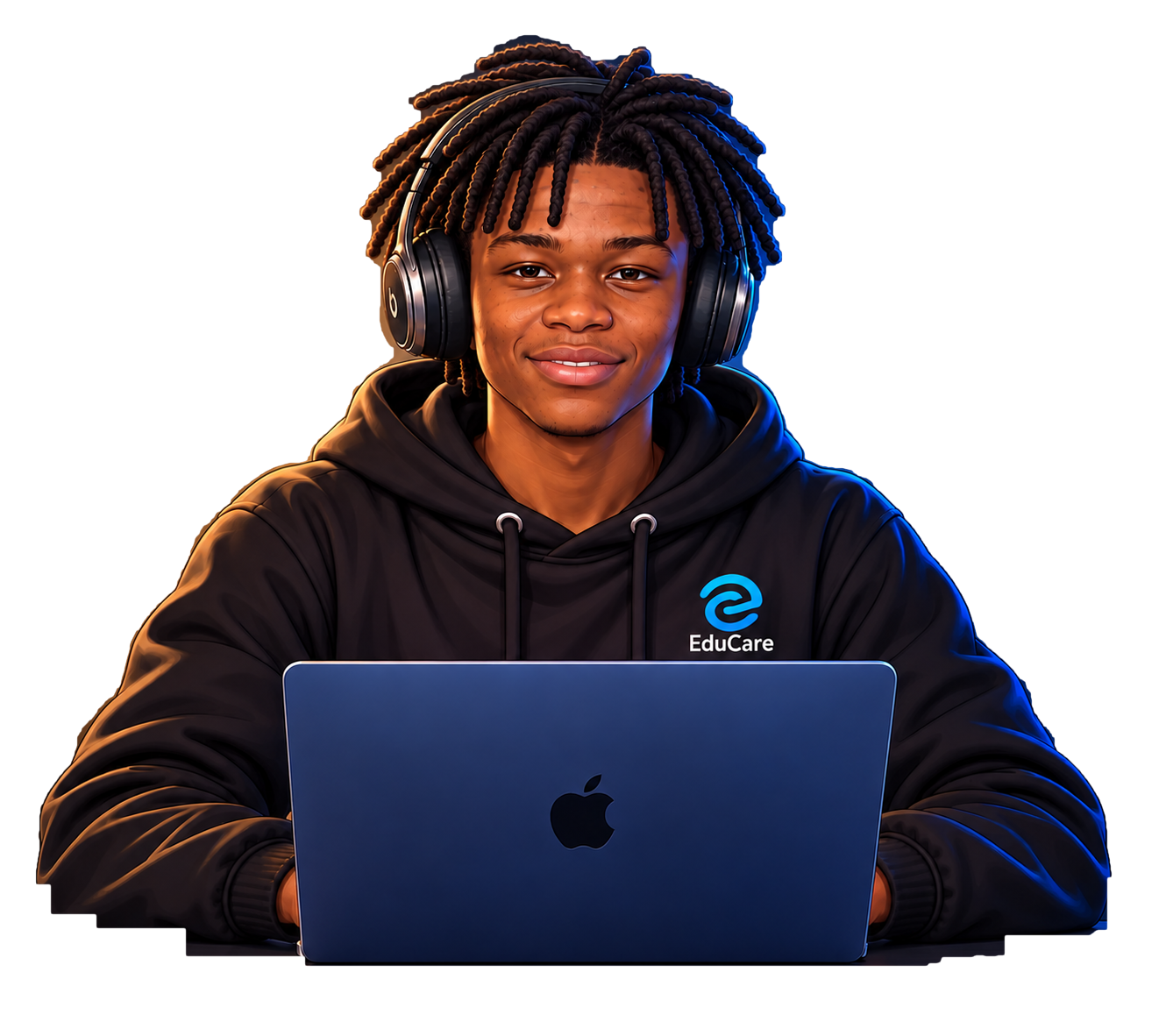 Stylized illustration of Rashid smiling at the viewer, wearing headphones and a black EduCare hoodie, hands resting on a navy MacBook.
