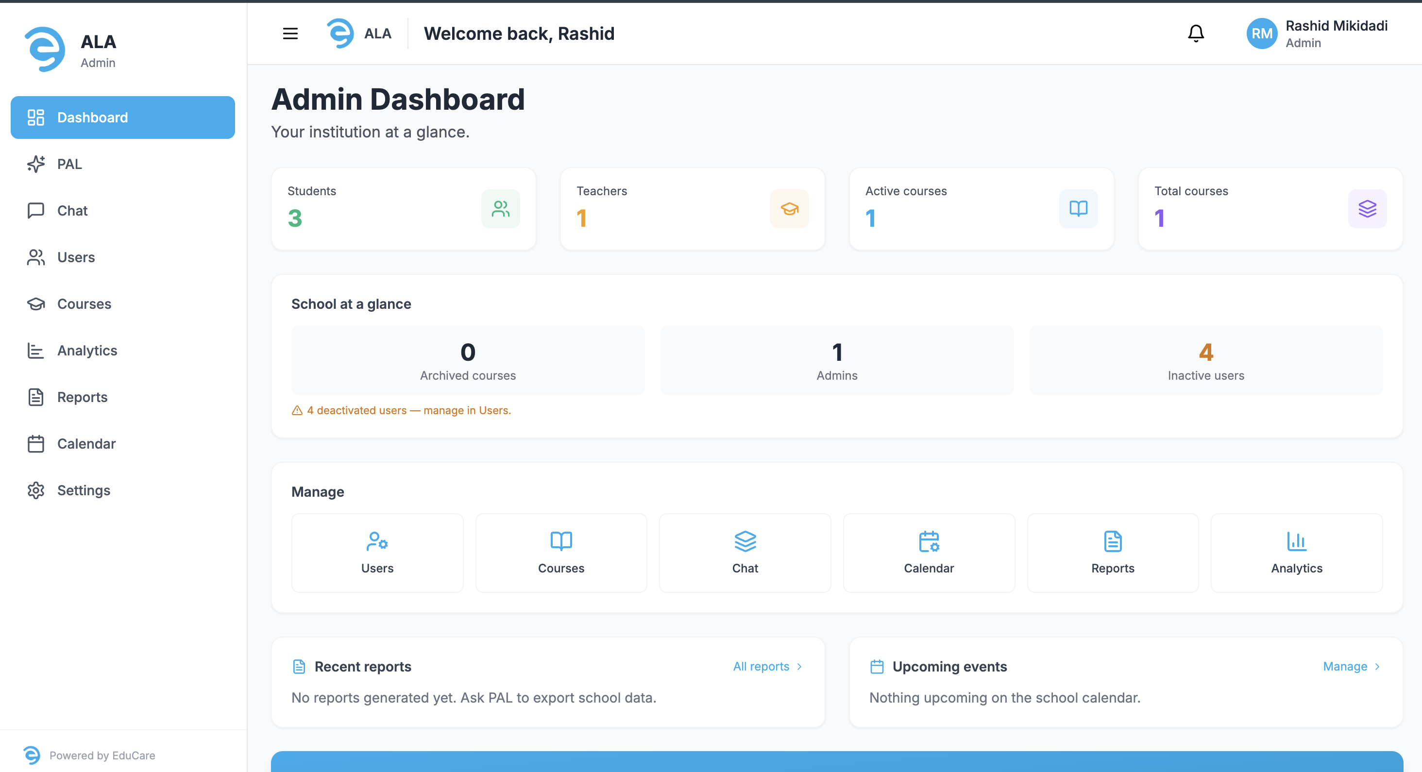 EduCare admin dashboard on a demonstration school account: at-a-glance metrics for students, teachers, and courses, with navigation for PAL, chat, users, courses, analytics, reports, and calendar.
