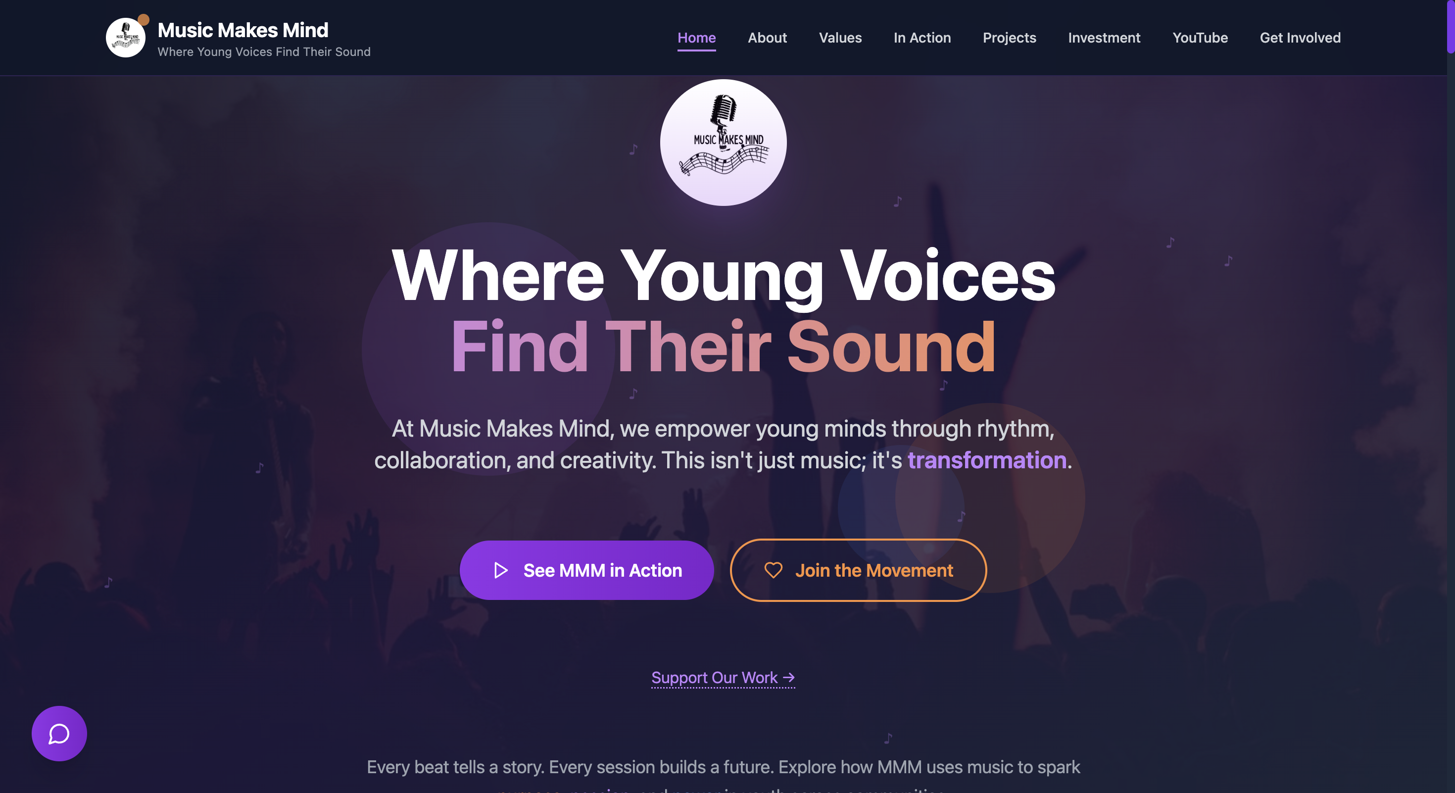 Music Makes Mind homepage: “Where Young Voices Find Their Sound”, with calls to action to see MMM in action and join the movement.